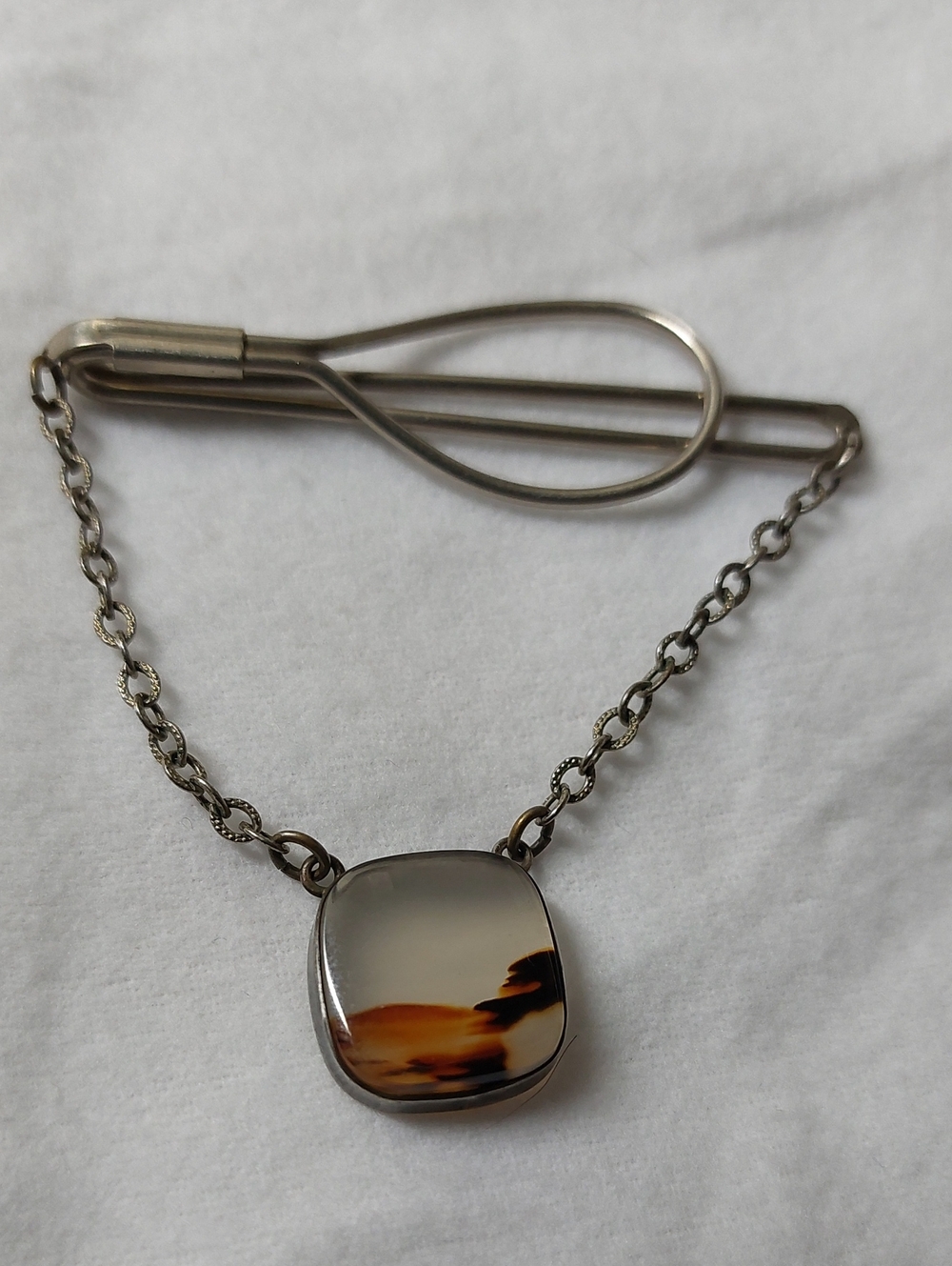 Vintage Estate Mid Century Scenic Moss Agate Loop Tie Bar Pendant Retro Unmarked